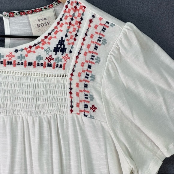 KNOX ROSE White Flowy Boho Short Sleeve Smocked Embroidered Breezy Blouse Size S - Picture 5 of 15